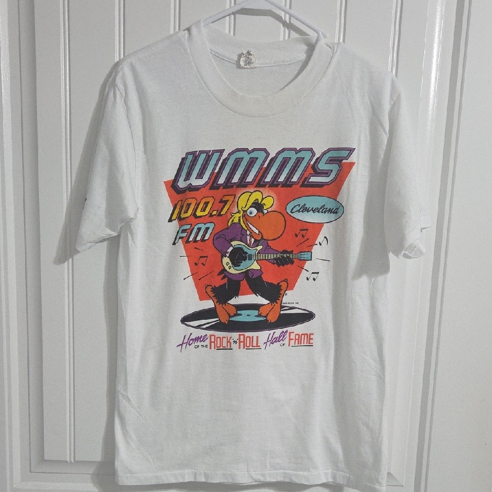 Mens Vintage White WMMS 100.7 FM Cleveland Home of Rock Roll Hall Of Fame Large